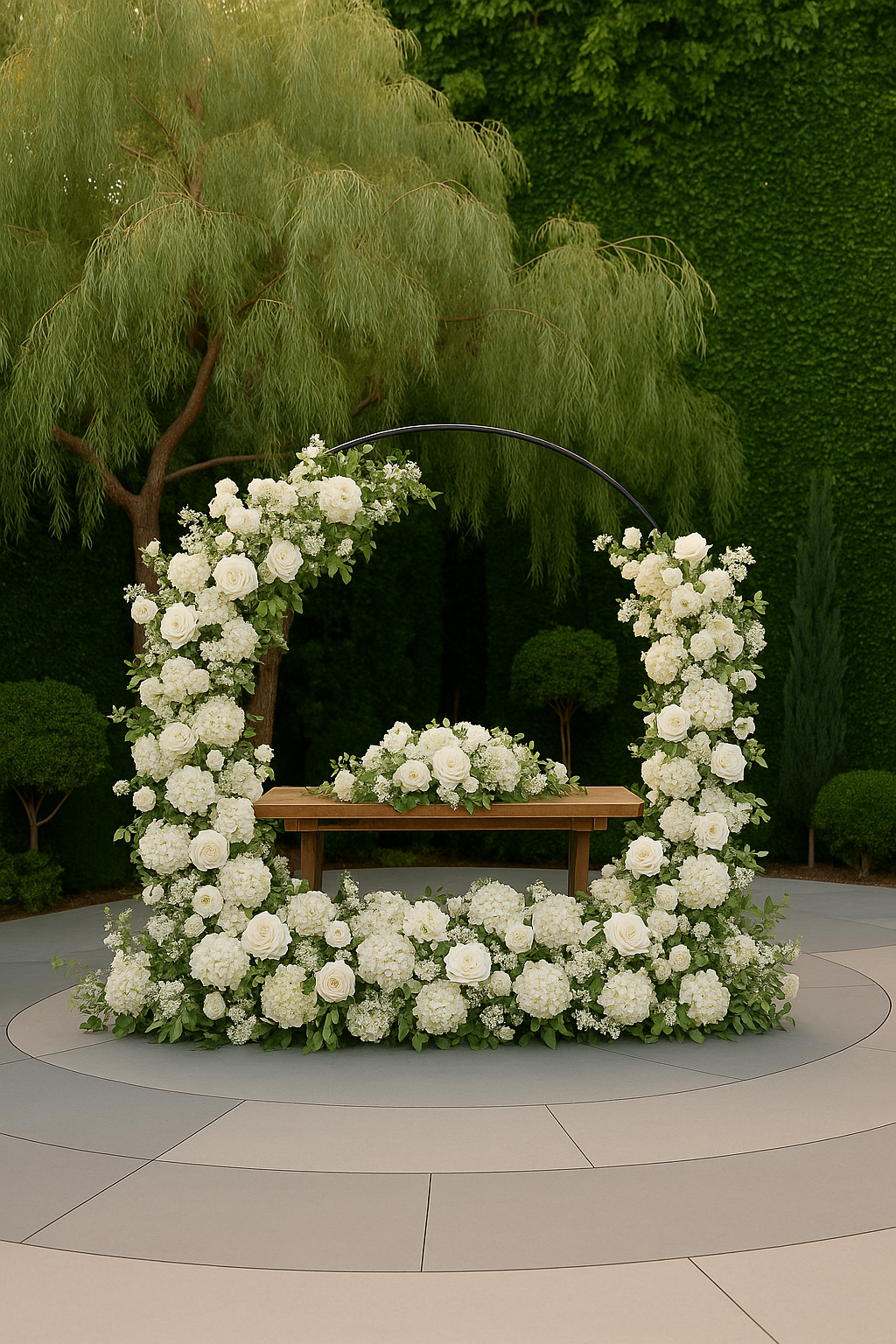 Wooden arch backdrop adorned with greenery and balloons—arch and backdrop rentals for weddings, parties, and corporate events.