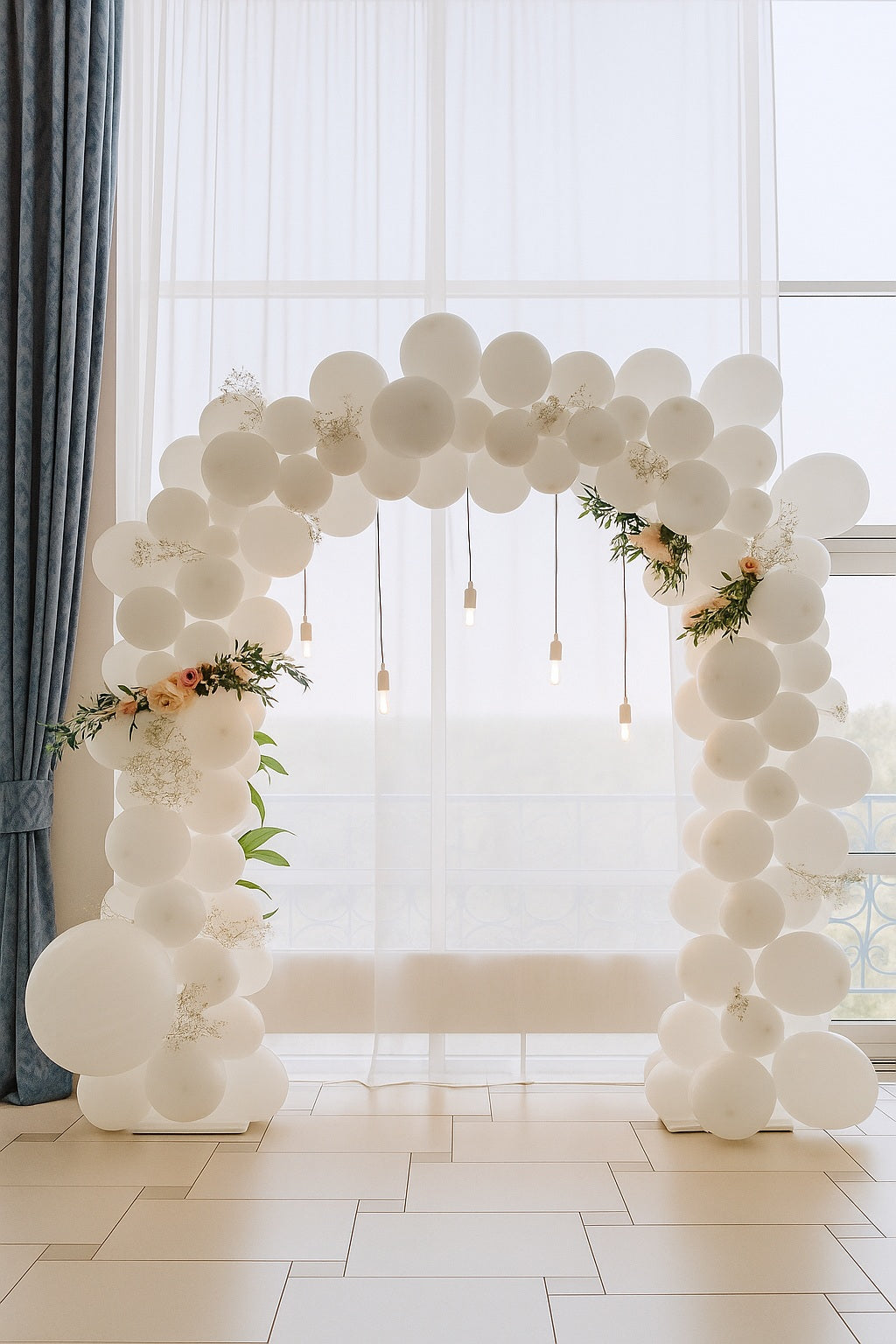 Cream and sage organic balloon garland framing a wooden arch—balloon décor rental for weddings, showers, and event planners.