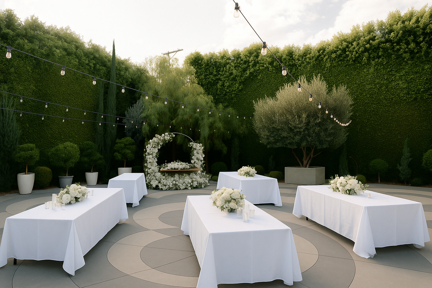 Round white banquet tables arranged outdoors for wedding receptions—table rentals for party rental companies and event professionals.